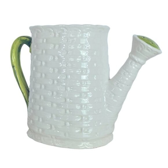 Vintage Basket Weave Ceramic Watering Can Planter Numbered Multi Use White Green - Picture 2 of 16